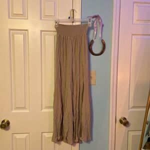 Tan Boho Flare Pants with Smocked Waistband